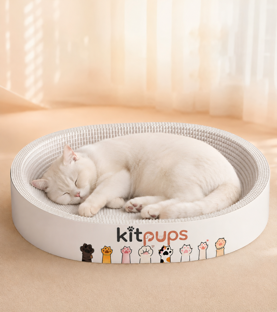 Cat resting in a curved cardboard cat scratcher bed