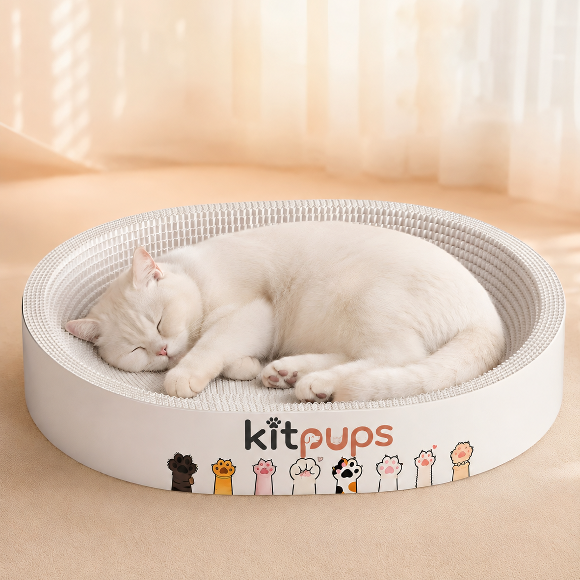 Cat resting in a curved cardboard cat scratcher bed